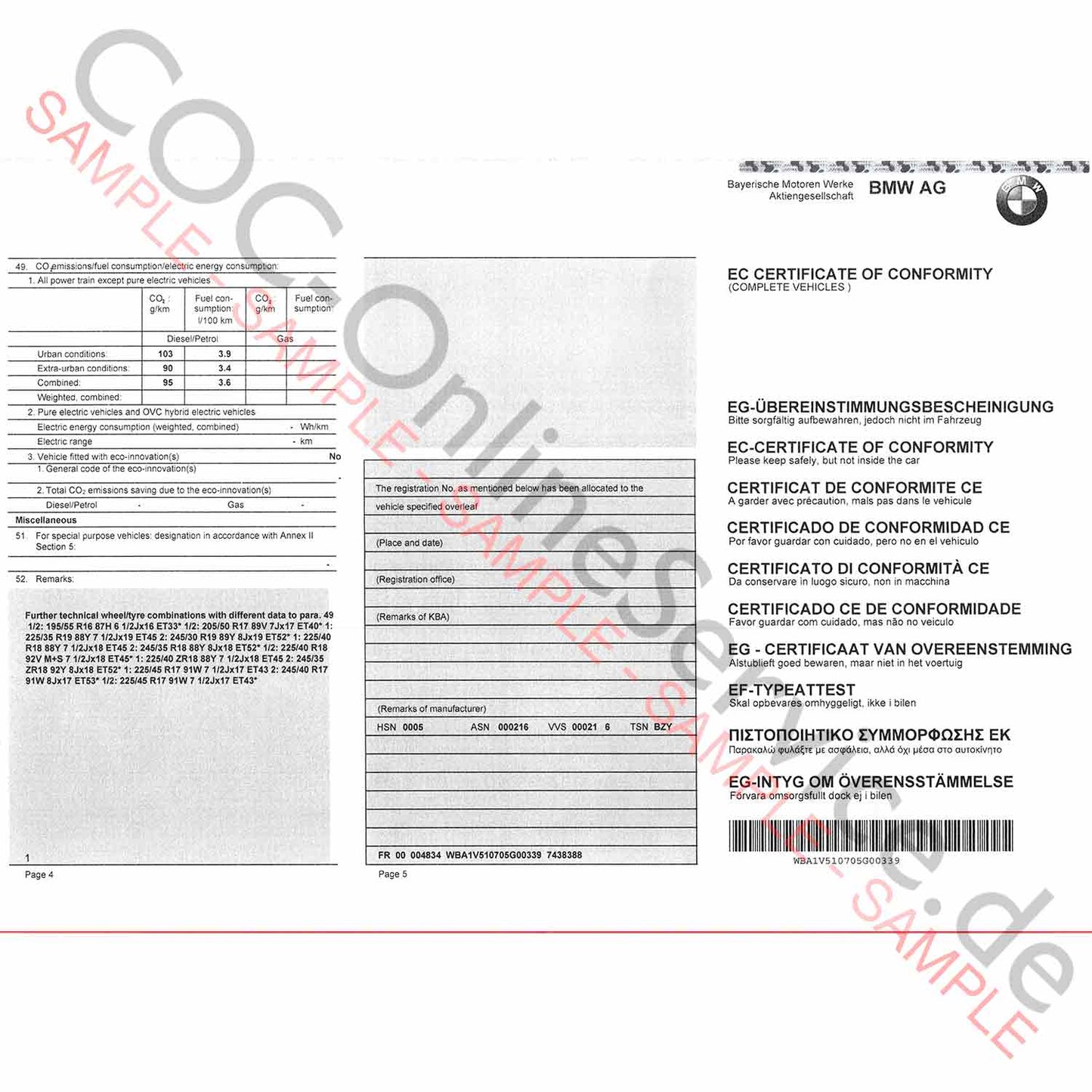 Document COC pour BMW (certificat de conformité)