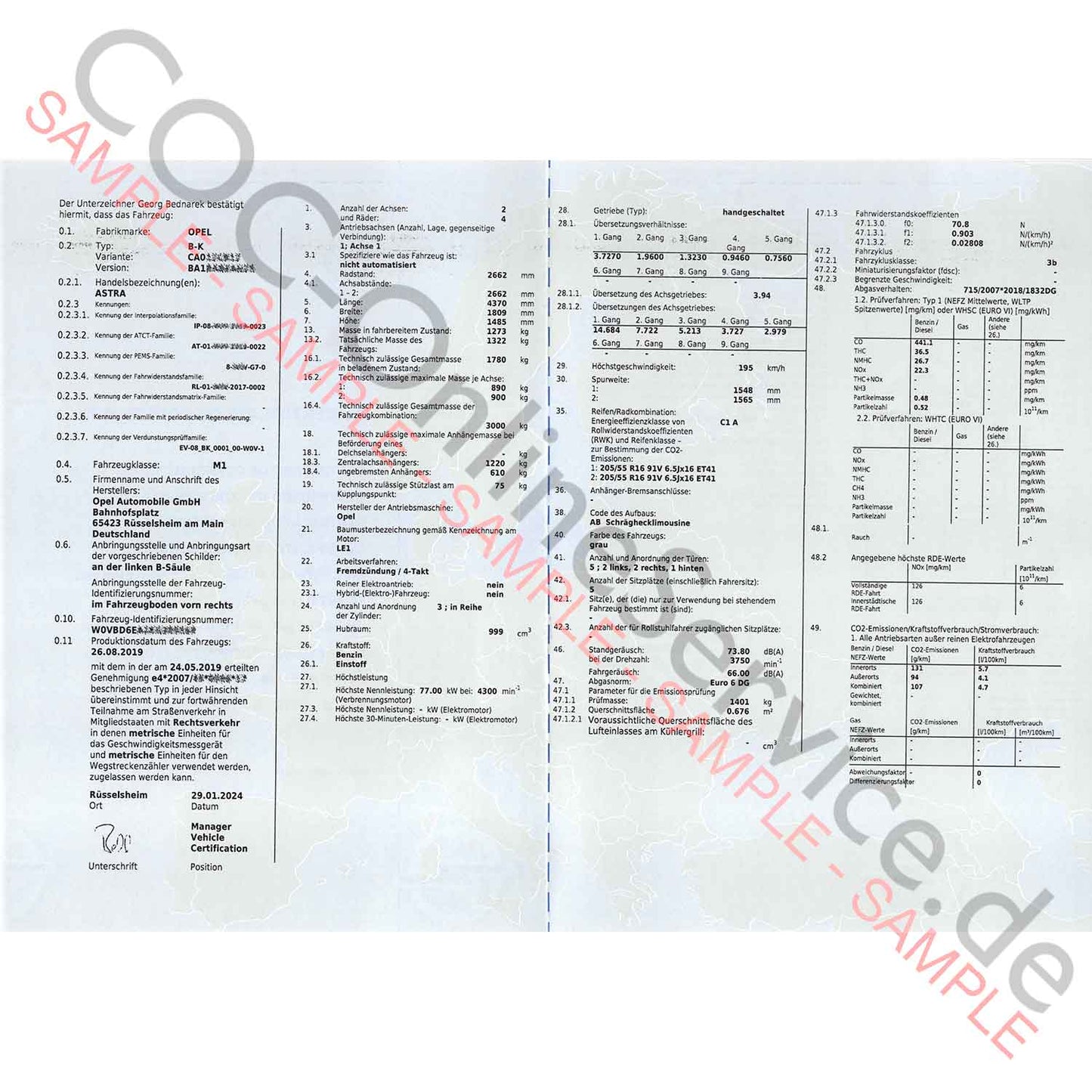 COC Papiere für Opel (Certificate of Conformity)