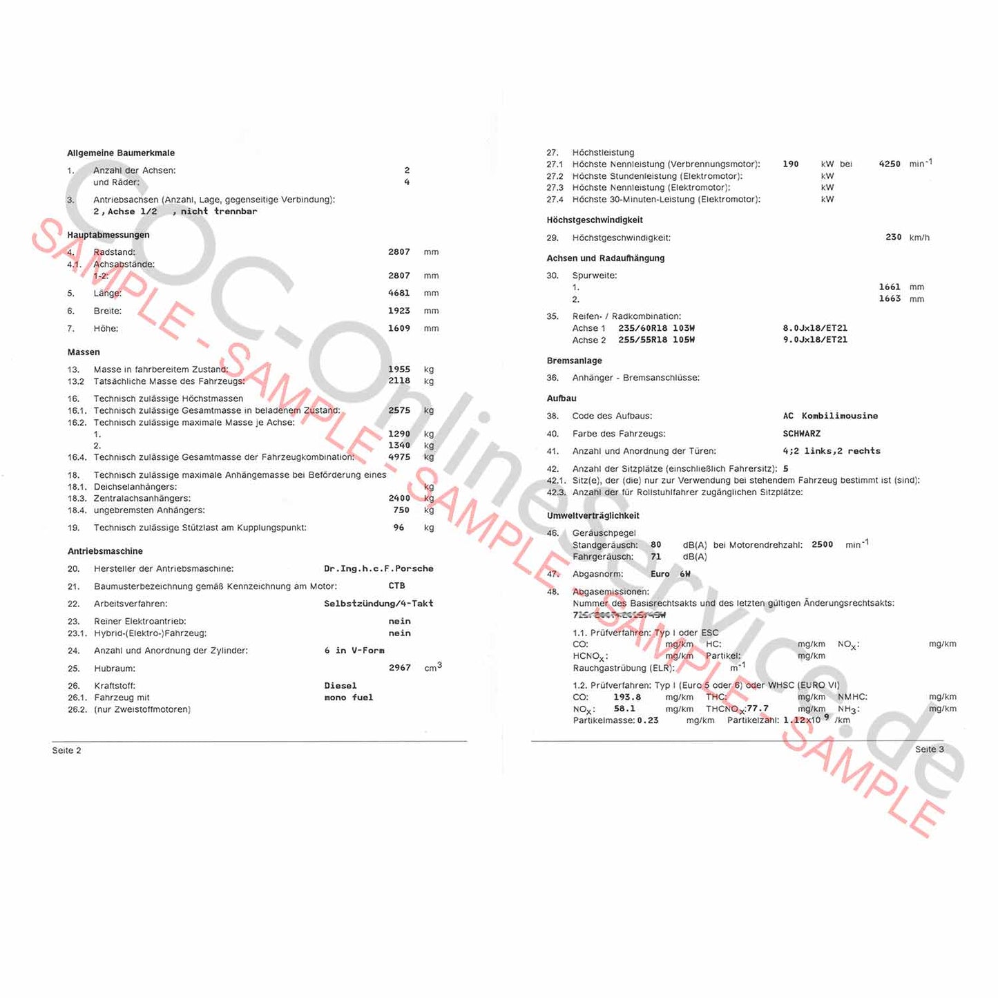 COC-dokumenter til Porsche (Certificate of Conformity)