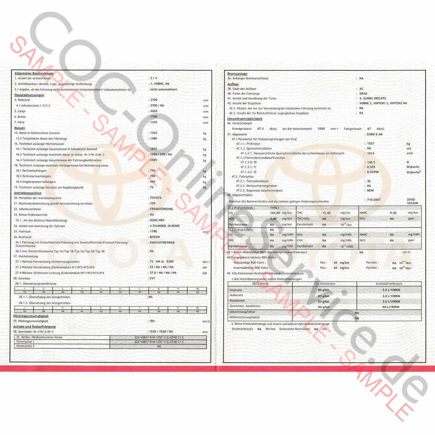 COC-dokumenter til Lexus (Certificate of Conformity)