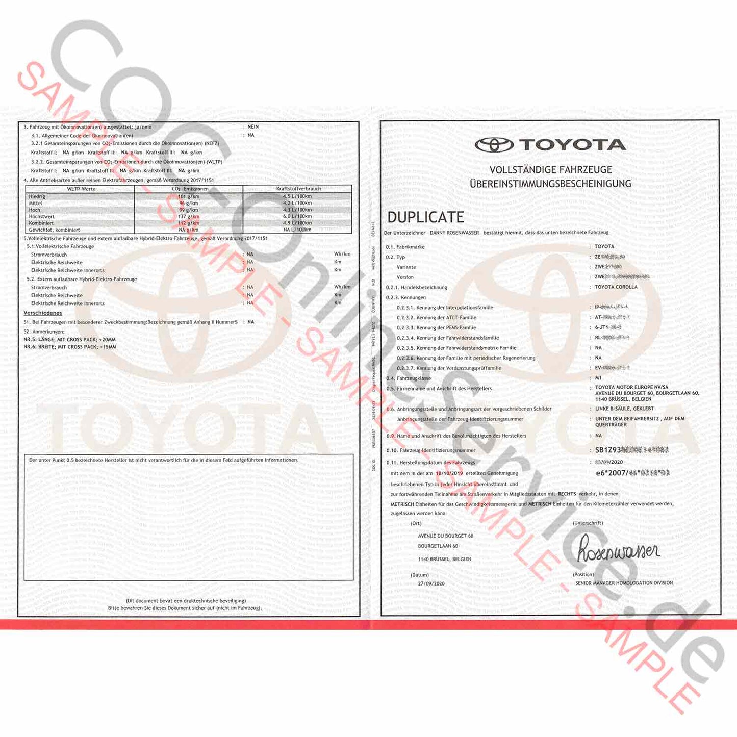 COC-dokumenter til Lexus (Certificate of Conformity)