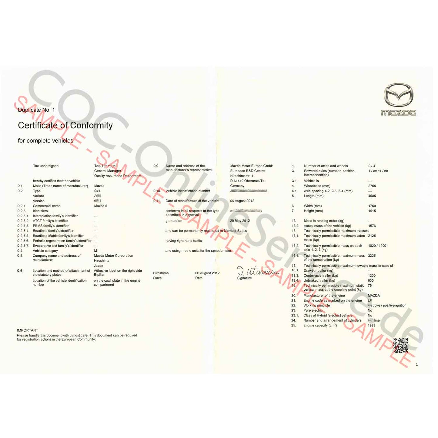 Documentos COC para Mazda (Certificado de Conformidade)