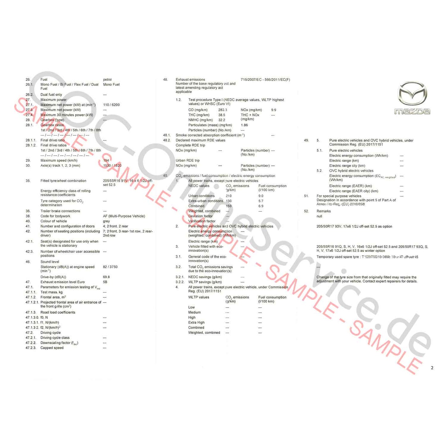 Documentos COC para Mazda (Certificado de Conformidade)