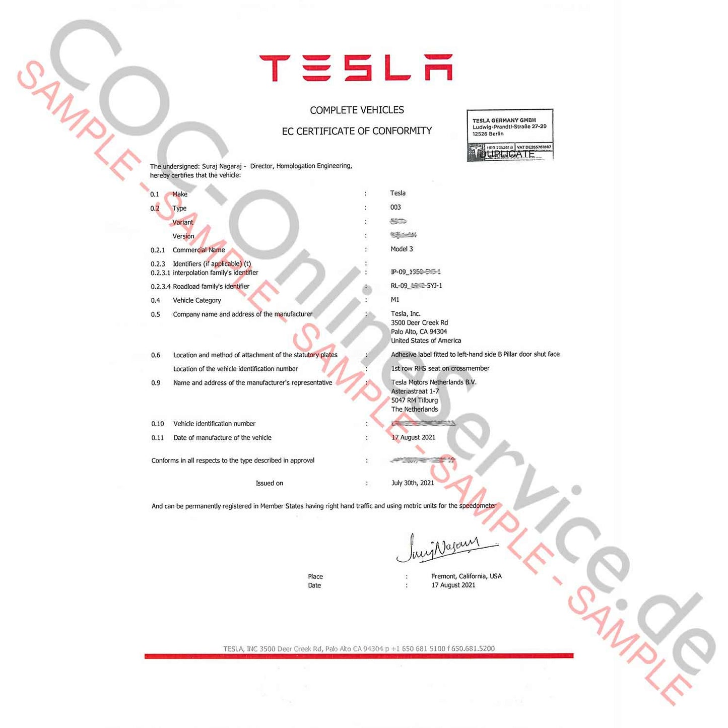 COC-dokument för Tesla (Certificate of Conformity)