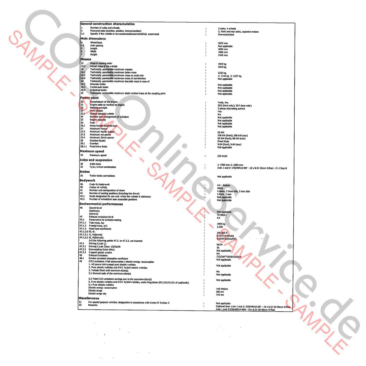COC-dokument för Tesla (Certificate of Conformity)