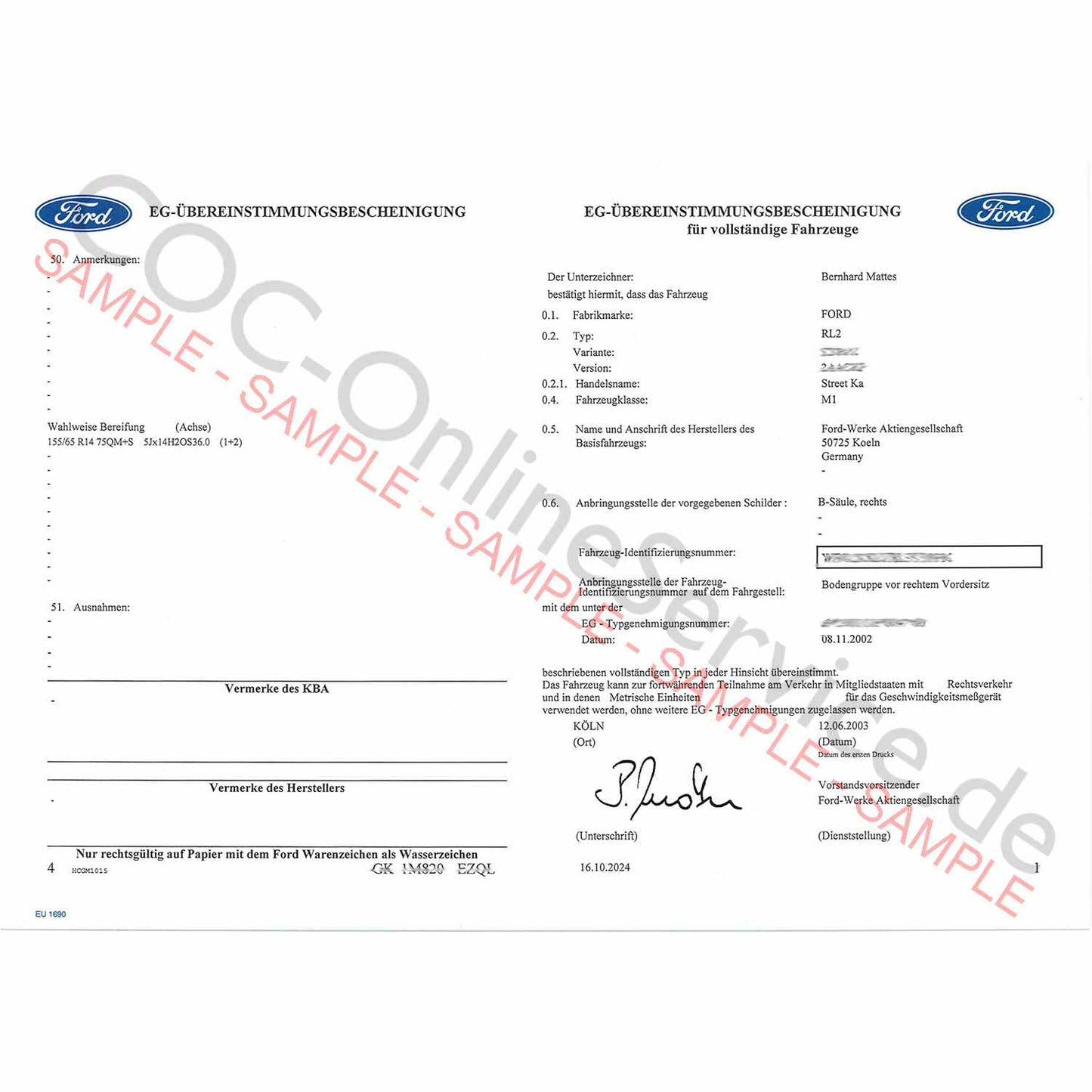 COC Papiere für Ford (Certificate of Conformity)