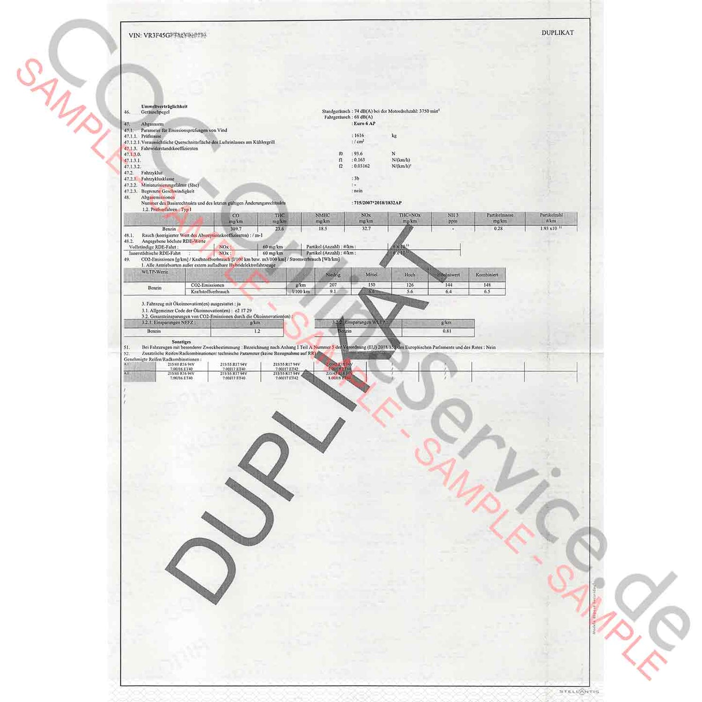 COC Papiere für Peugeot (Certificate of Conformity)
