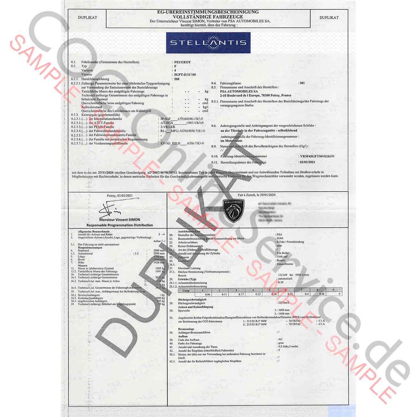COC papers for Peugeot (Certificate of Conformity)