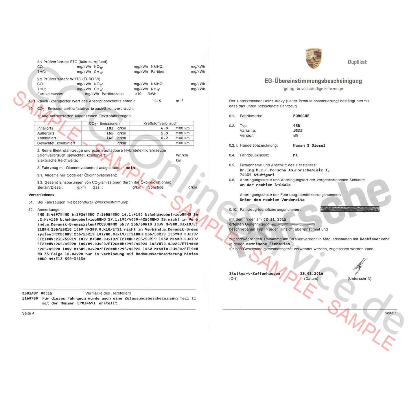 COC Papers for Porsche (Certificate of Conformity)