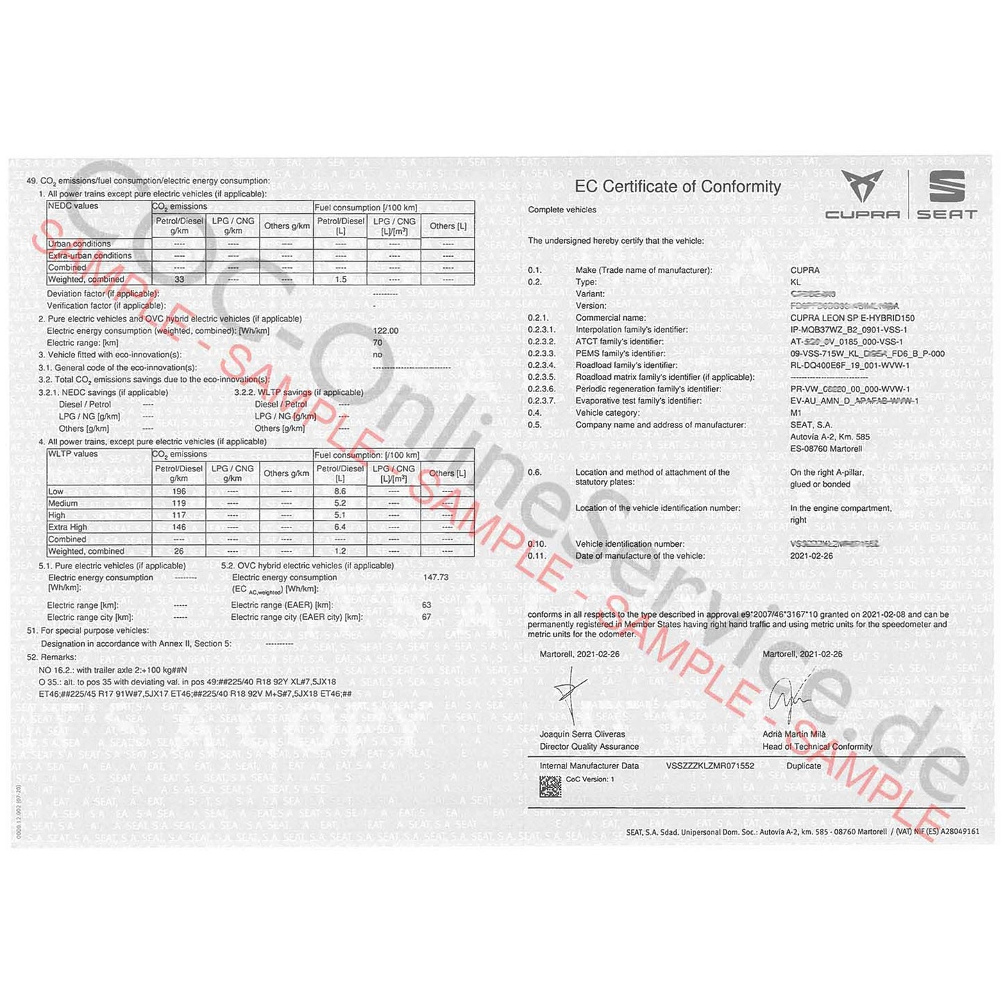 COC paper for SEAT(Certificate of Conformity)