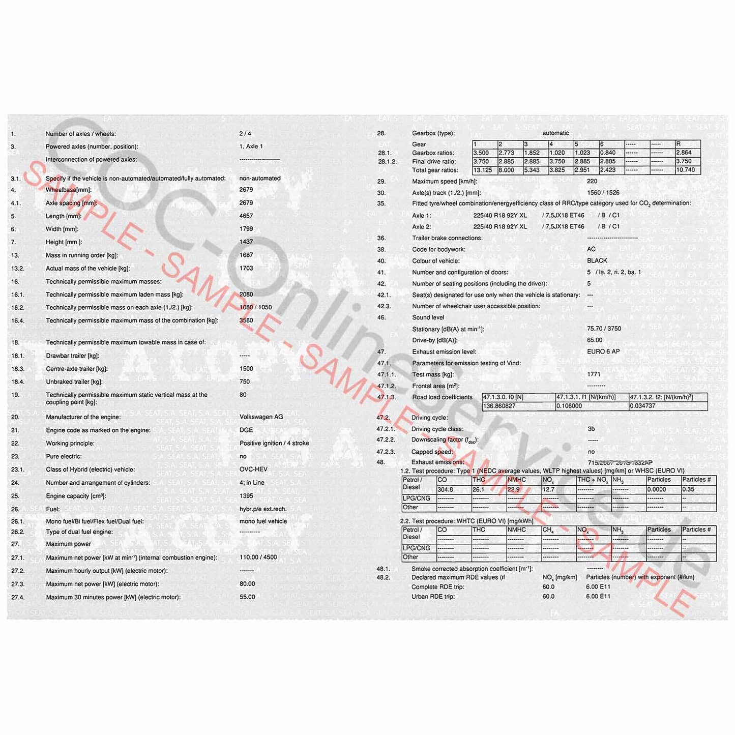 COC paper for SEAT(Certificate of Conformity)