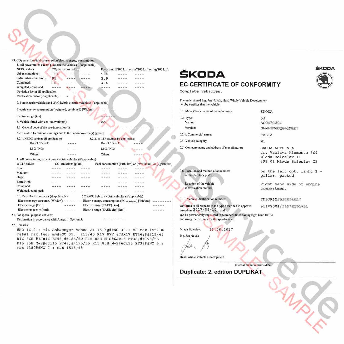 COC Document for Skoda (Certificate of Conformity)