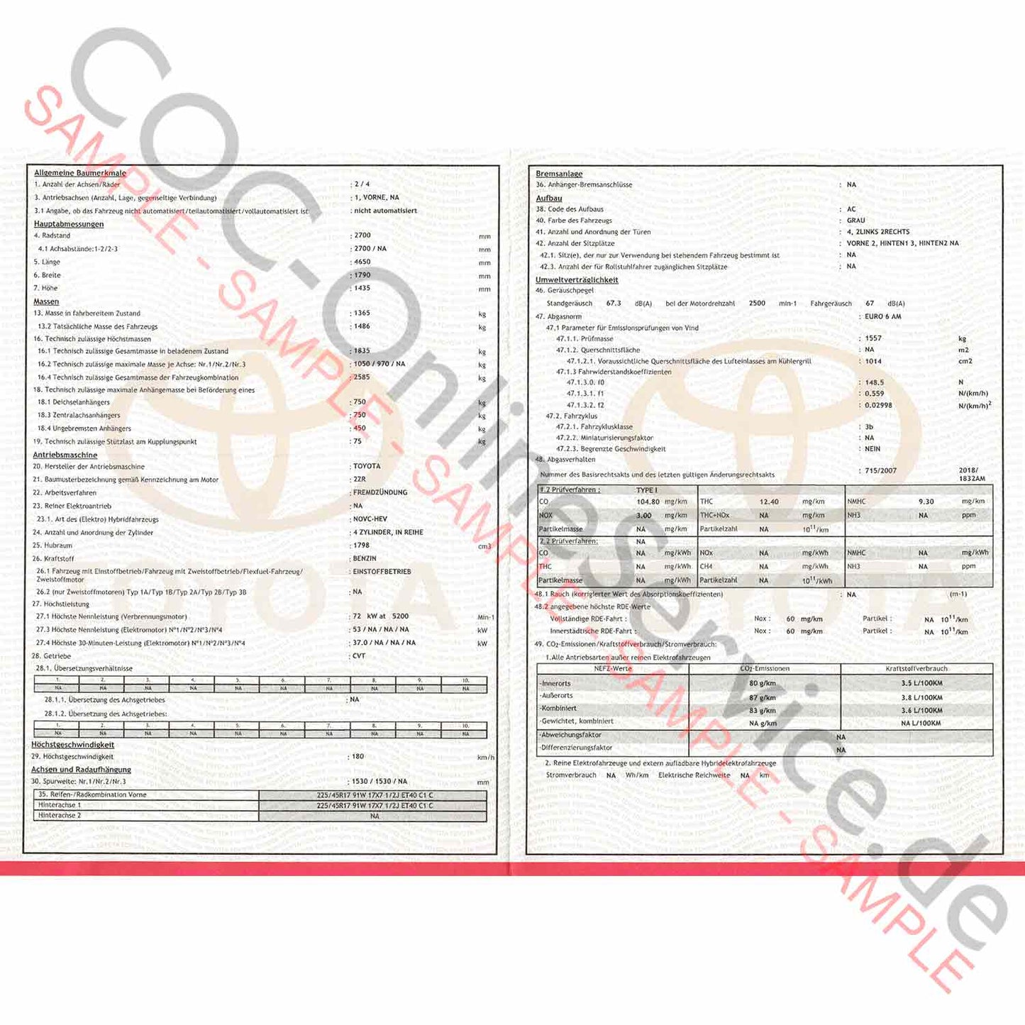 COC Papiere für Toyota (Certificate of Conformity)